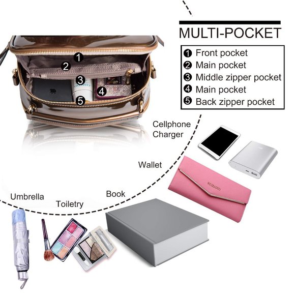 Lucien Hanna Bronze Patent Leather Crossbody Camera Work Tote Purse - Picture 7 of 16